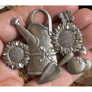 Vtg Spoontique Pewter Garden Theme Brooch Pin Watering Can Sunflower USA Spring